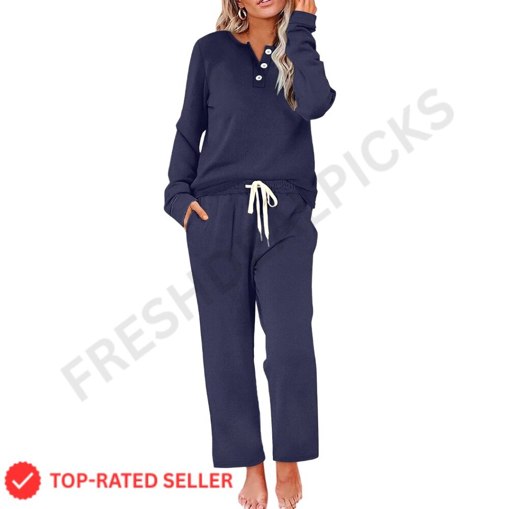 Button Down Lounge Set Soft Polyester Blend Wide … - image 1